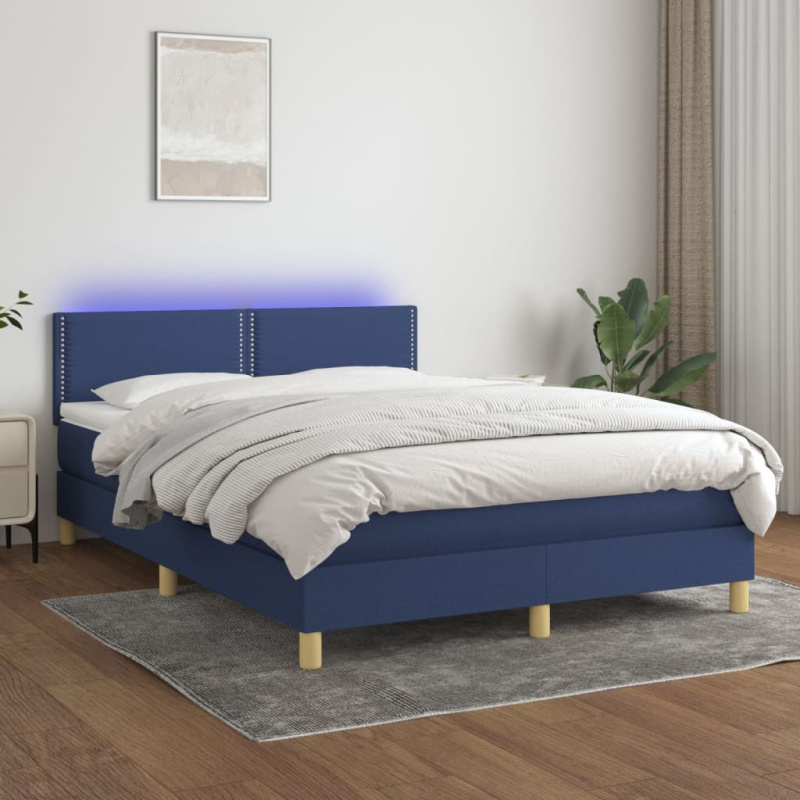 Box Spring Postel S Matrací A Led Textil Modrá - tlačítka / 120 x 200 cm