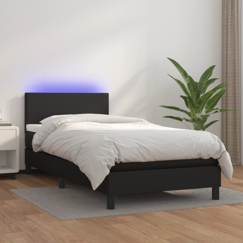 Box Spring Postel S Matrací A Led Černá Umělá Kůže Černá - Hladký design / 100 x 200 cm