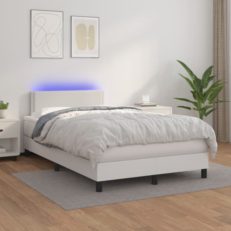 Box Spring Postel S Matrací A Led Umělá Kůže Bílá - Hladký design / 100 x 200 cm