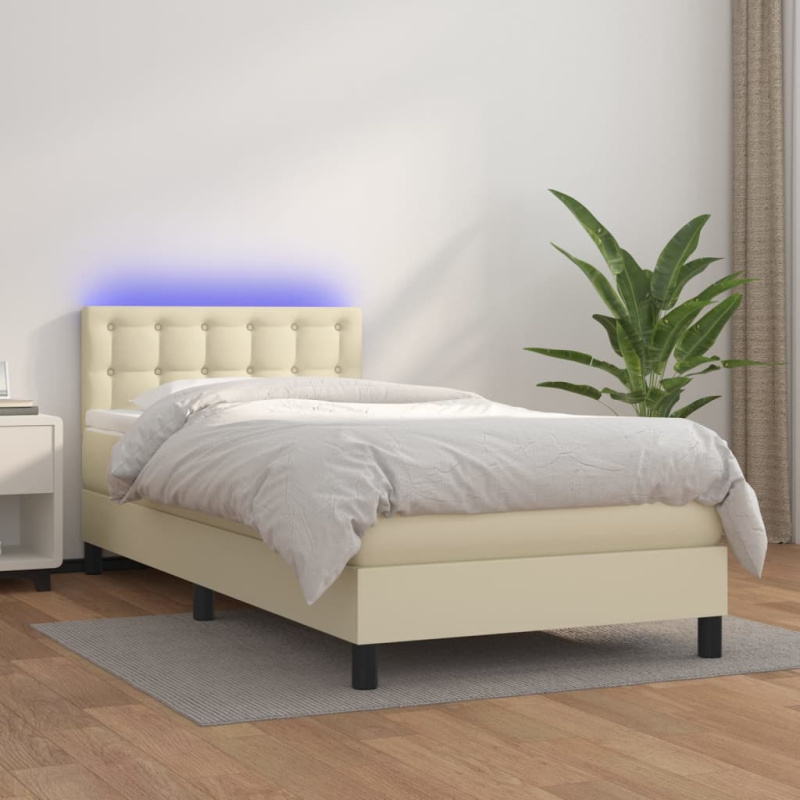 Box spring postel s matrací a led umělá kůže krémová - Hladký design / 100 x 200 cm