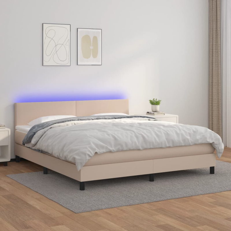 Box Spring Postel Matrace A Led 160X200Cm Umělá Kůže Cappuccino - Hladké s hřebíky / 140 x 200 cm
