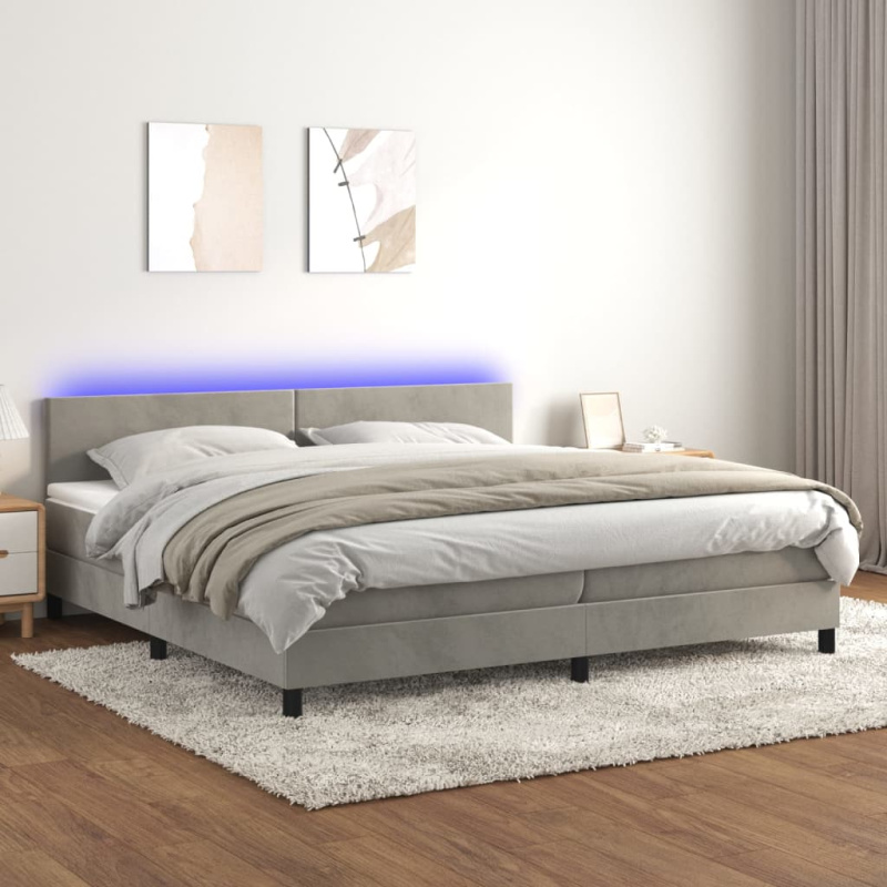 Box Spring Postel S Matrací A Led Samet Světle Šedá - Hladký design / 140 x 190 cm