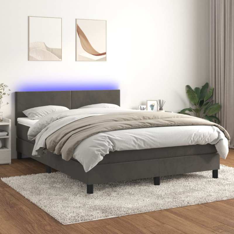 Box Spring Postel S Matrací A Led Samet Tmavě Šedá - Hladký design / 140 x 190 cm