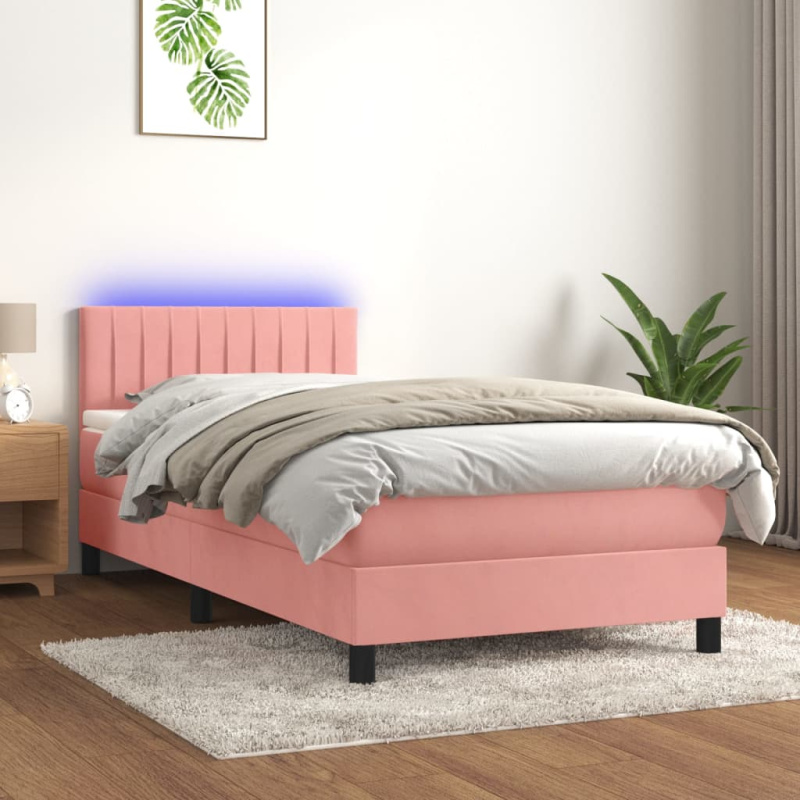 Box Spring Postel S Matrací A Led Samet Růžová - Hladký design / 140 x 190 cm
