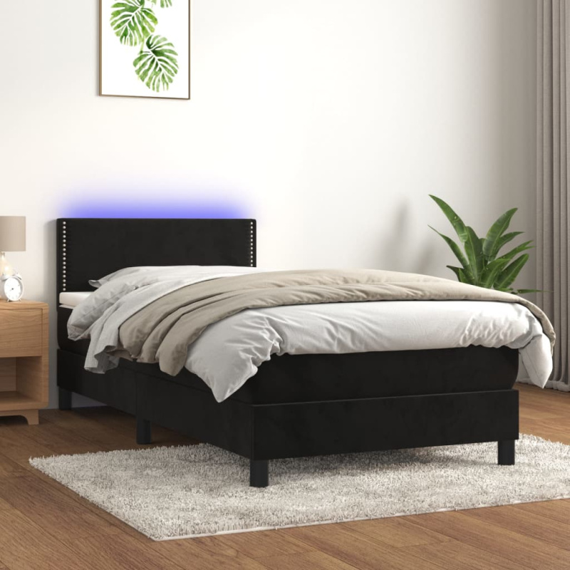 Box Spring Postel S Matrací A Led Černá Samet Černá - Svislé pruhy / 140 x 200 cm