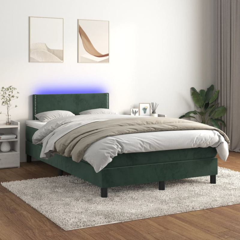 Box Spring Postel S Matrací A Led Samet Tmavě Zelená - Svislé pruhy / 140 x 200 cm