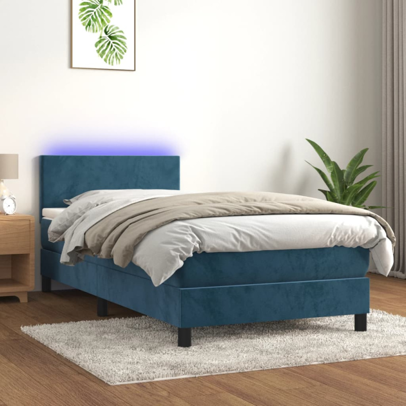 Box Spring Postel S Matrací A Led Tmavě Modrá Samet Tmavě Moddrá - Svislé pruhy / 140 x 200 cm