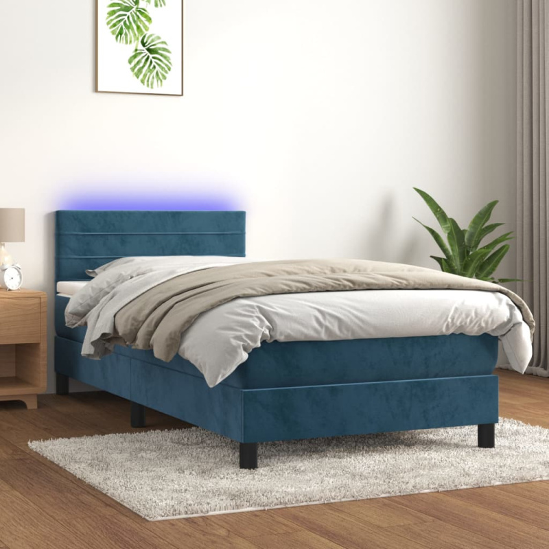 Box Spring Postel S Matrací A Led Tmavě Modrá Samet Tmavě Moddrá - tlačítka / 120 x 200 cm