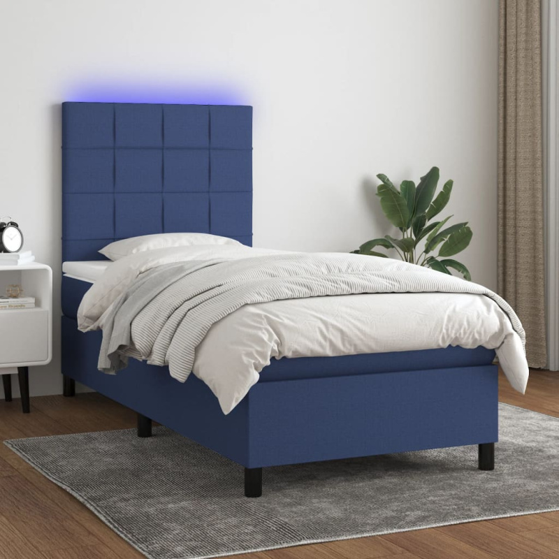 Box Spring Postel S Matrací A Led Textil Modrá - Hladký design / 90 x 190 cm