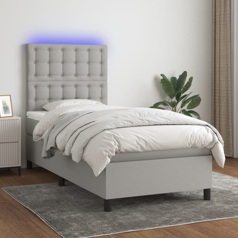 Box Spring Postel S Matrací A Led Textil Světle Šedá - Svislé pruhy / 180 x 200 cm