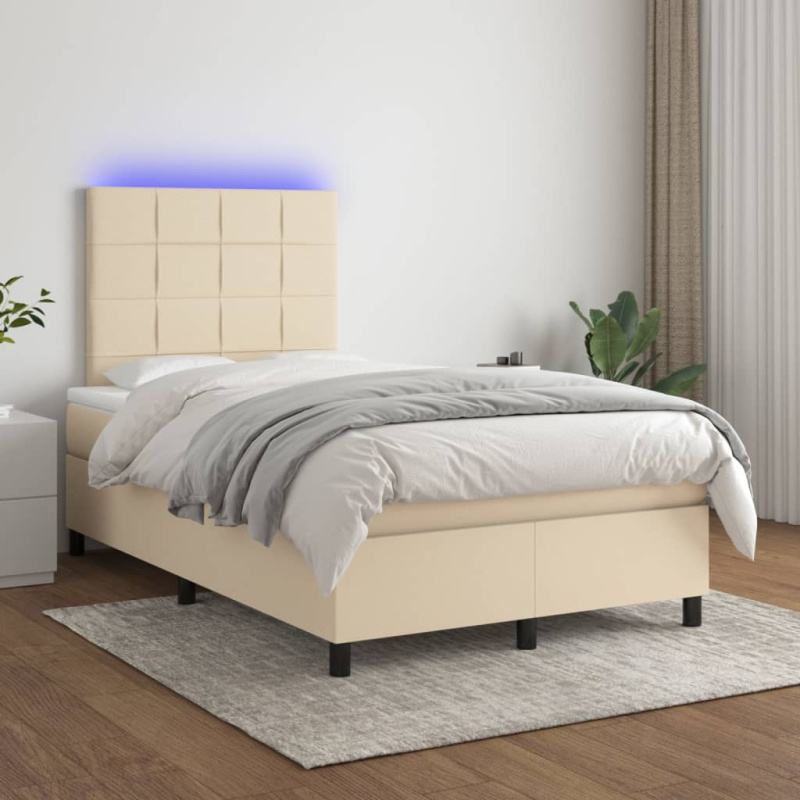 Box Spring Postel S Matrací A Led Textil Krémová - Prošívaný design / 140 x 190 cm