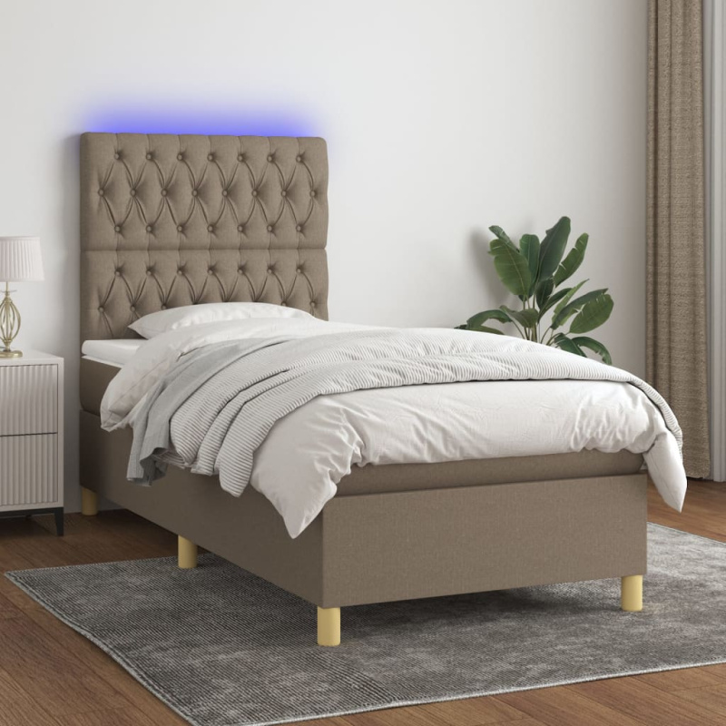 Box Spring Postel S Matrací A Led Textil Taupe - Hladký design / 100 x 200 cm
