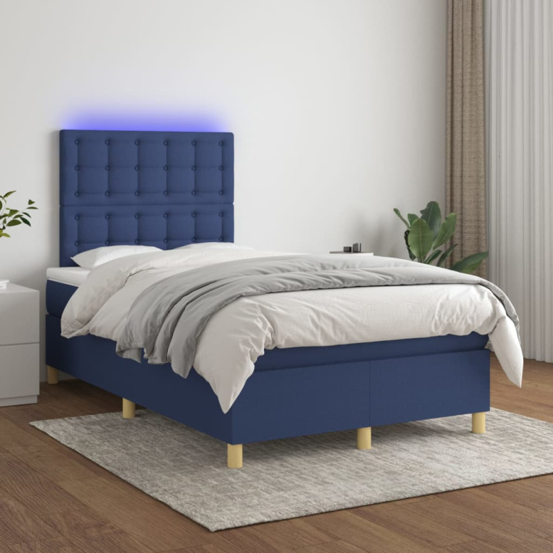 Box Spring Postel S Matrací A Led Textil Modrá - Blok se čtverci / 120 x 200 cm