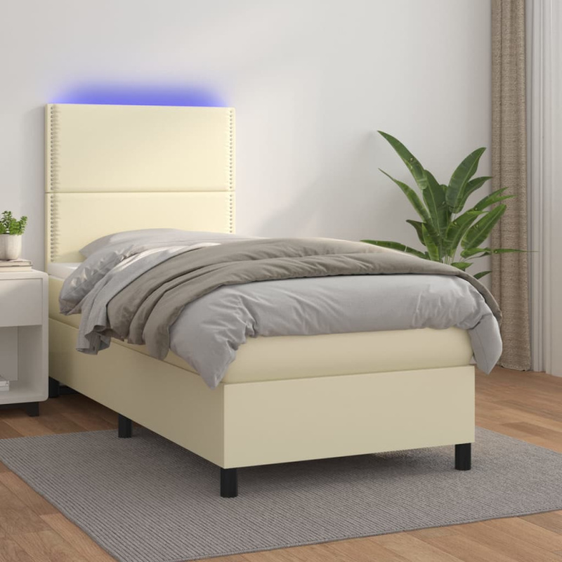 Box Spring Postel S Matrací A Led Umělá Kůže Krémová - Hladký design / 100 x 200 cm