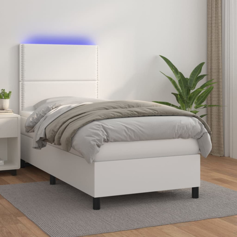 Box Spring Postel S Matrací A Led Umělá Kůže Bílá - Hladký design / 200 x 200 cm