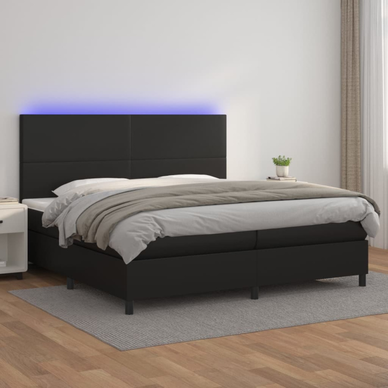 Box Spring Postel S Matrací A Led Černá Umělá Kůže Černá - Hladké s hřebíky / 100 x 200 cm