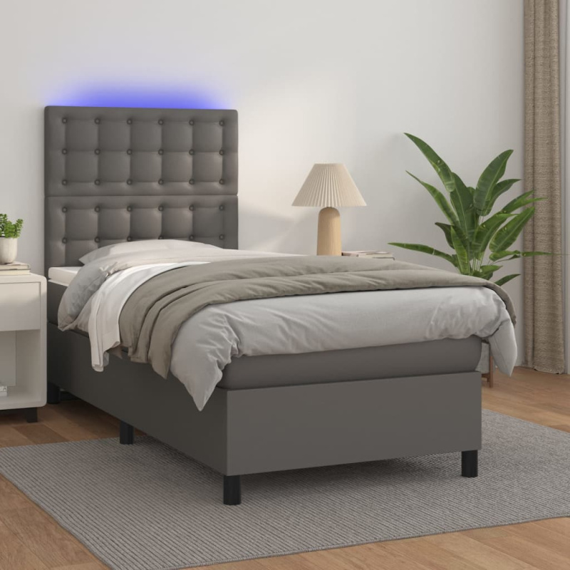 Box Spring Postel S Matrací A Led Šedá Umělá Kůže Šedá - Hladké s hřebíky / 140 x 200 cm