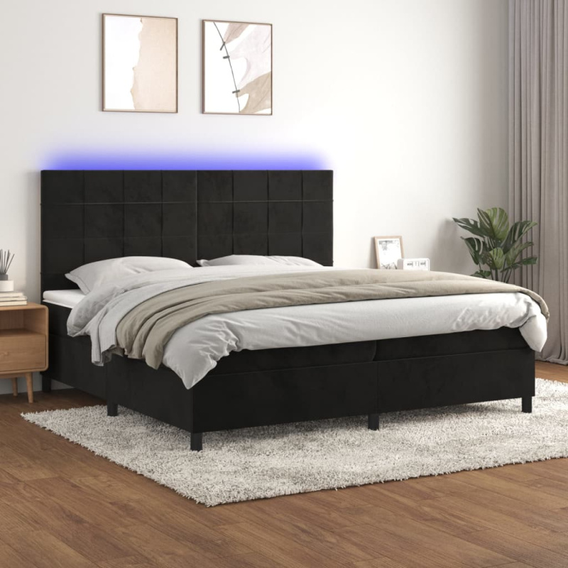 Box Spring Postel S Matrací A Led Černá Samet Černá - Hladký design / 90 x 190 cm