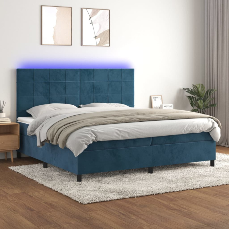 Box Spring Postel S Matrací A Led Tmavě Modrá Samet Tmavě Moddrá - Hladké s hřebíky / 120 x 200 cm