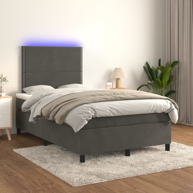 Box Spring Postel S Matrací A Led Samet Tmavě Šedá - Blok se čtverci / 140 x 190 cm