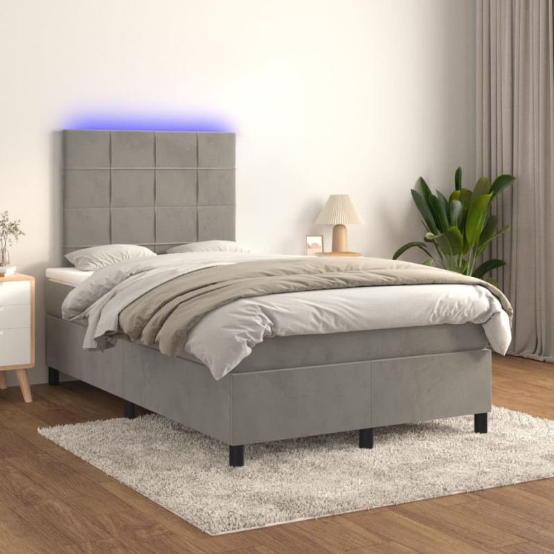 Box Spring Postel S Matrací A Led Samet Světle Šedá - vodorovné pruhy / 100 x 200 cm