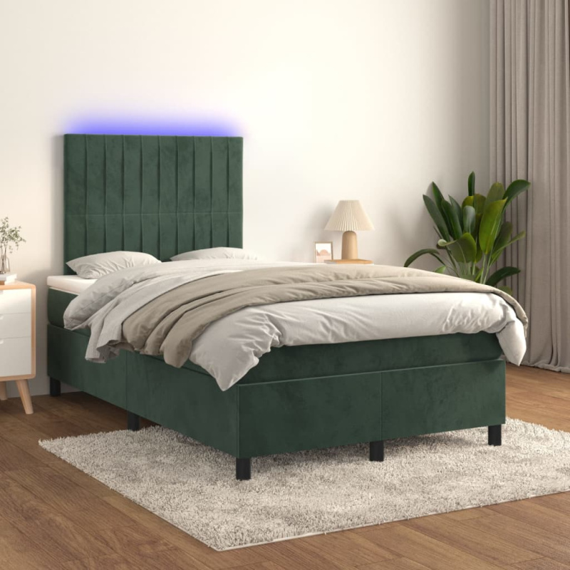 Box Spring Postel S Matrací A Led Samet Tmavě Zelená - vodorovné pruhy / 100 x 200 cm