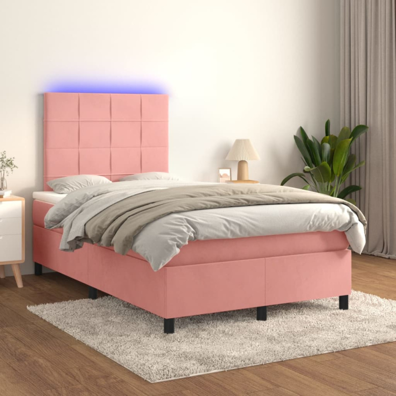 Box Spring Postel S Matrací A Led Samet Růžová - Svislé pruhy / 120 x 200 cm