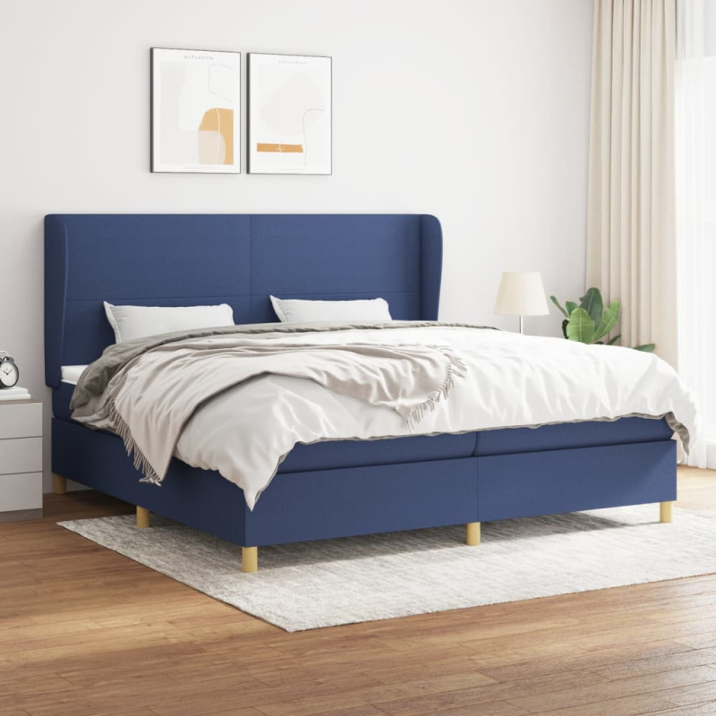 Box Spring Postel S Matrací Textil Modrá - Blok se čtverci / 140 x 200 cm