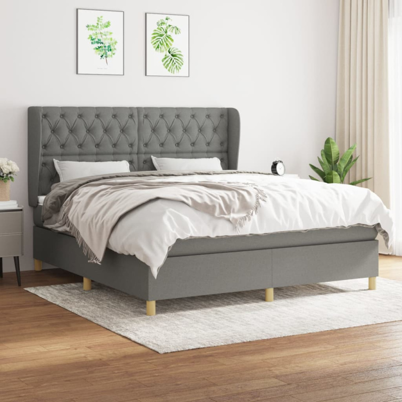 Box Spring Postel S Matrací Textil Tmavě Šedá - Blok se čtverci / 160 x 200 cm