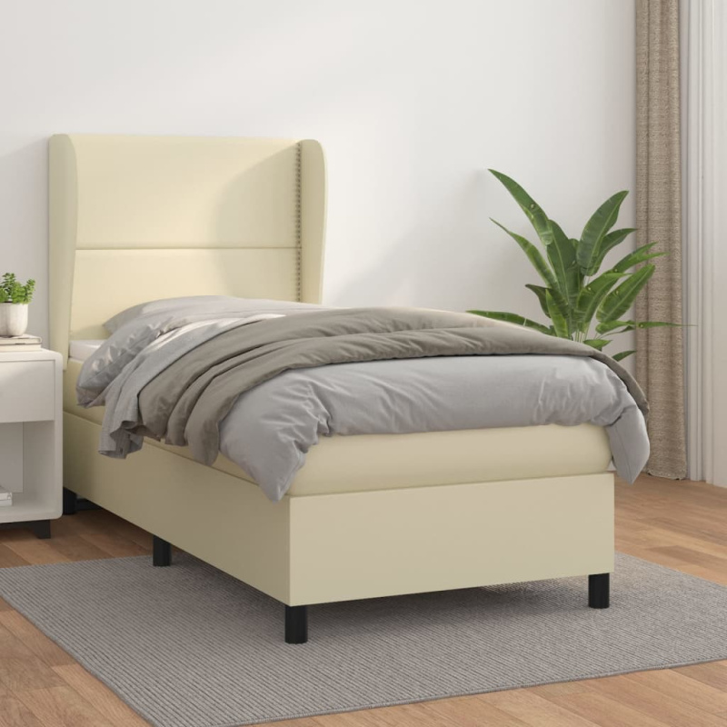 Box Spring Postel S Matrací Umělá Kůže Krémová - tlačítka / 100 x 200 cm
