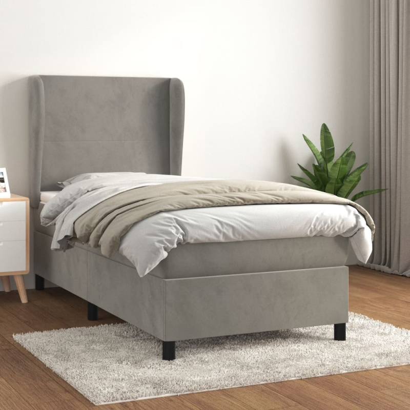 Box Spring Postel S Matrací Samet Světle Šedá - Blok se čtverci / 140 x 190 cm