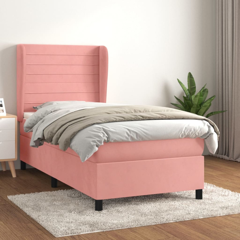 Box Spring Postel S Matrací Samet Růžová - vodorovné pruhy / 100 x 200 cm