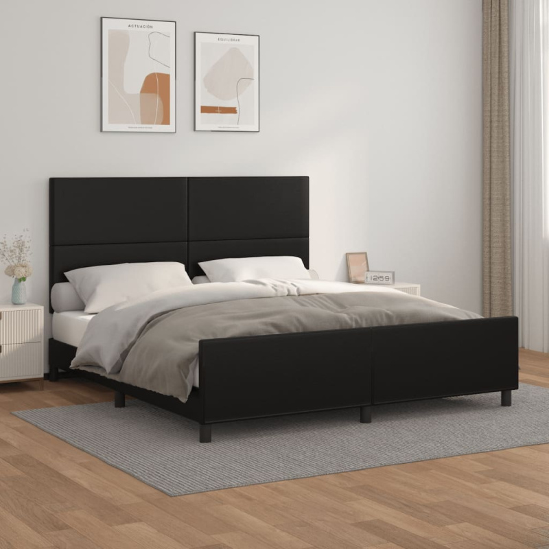 Rám Postele S Čelem Černý Umělá Kůže Černá - Hladké s hřebíky / 160 x 200 cm