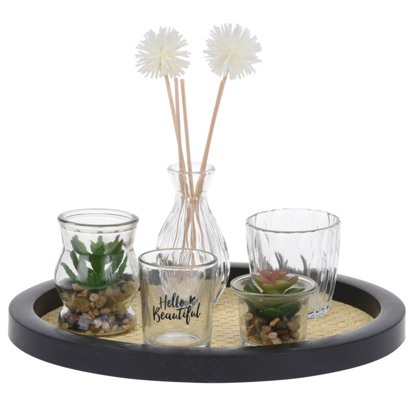 Home Styling Collection Podnos ve stylu glamour se skleněnými vázami a umělými rostlinami, Ø 30 cm vícebarevný