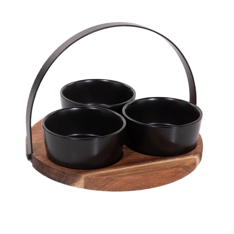 EH Excellent Houseware Keramické misky na dřevěném podnosu černá