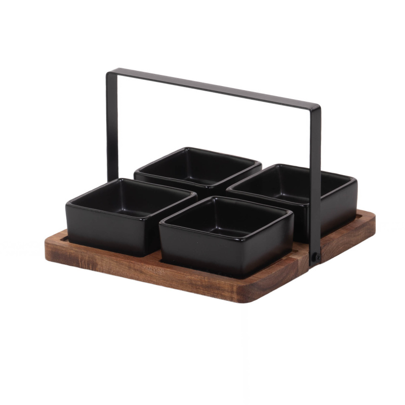 EH Excellent Houseware Sada misek na dřevěném podnosu, 4 misky černá