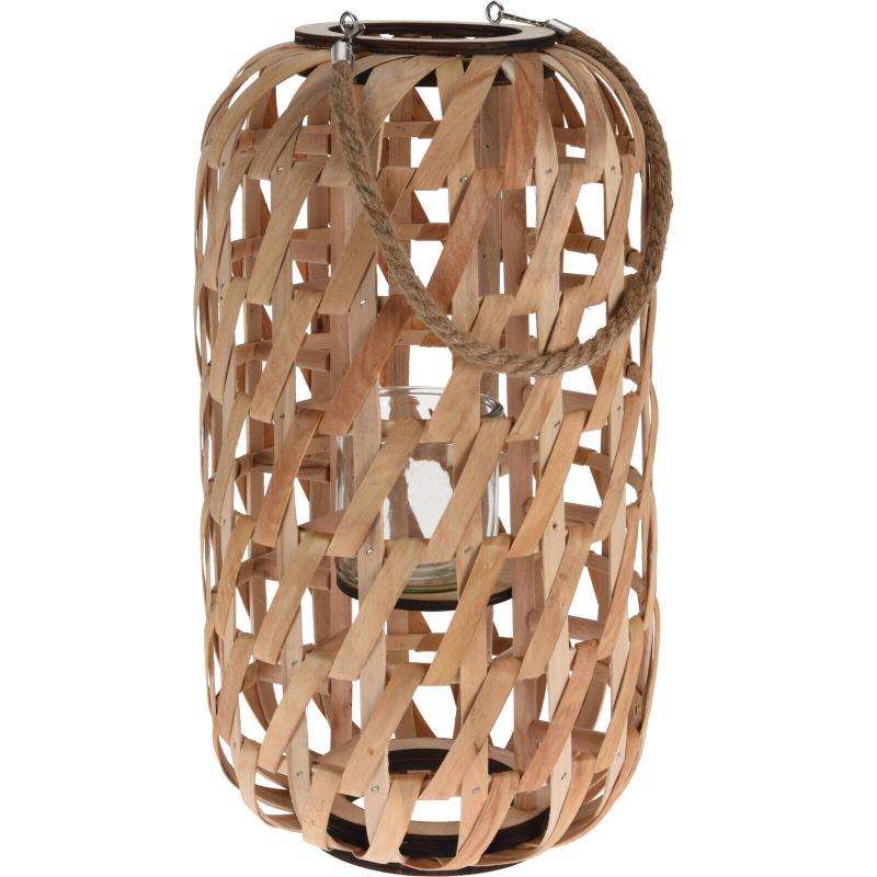 Home Styling Collection Dřevěná minimalistická lucerna, pletenina a rukojeť z motouzu hnědá