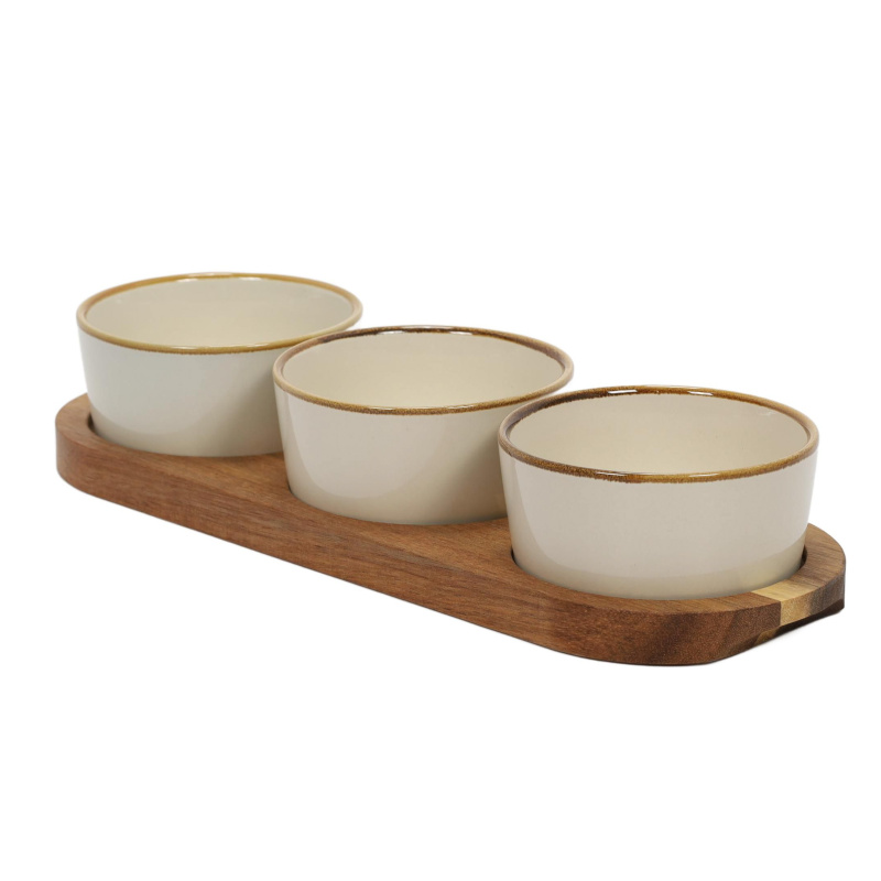 EH Excellent Houseware Sada porcelánových misek na servírování občerstvení, akáciový tácek hnědá