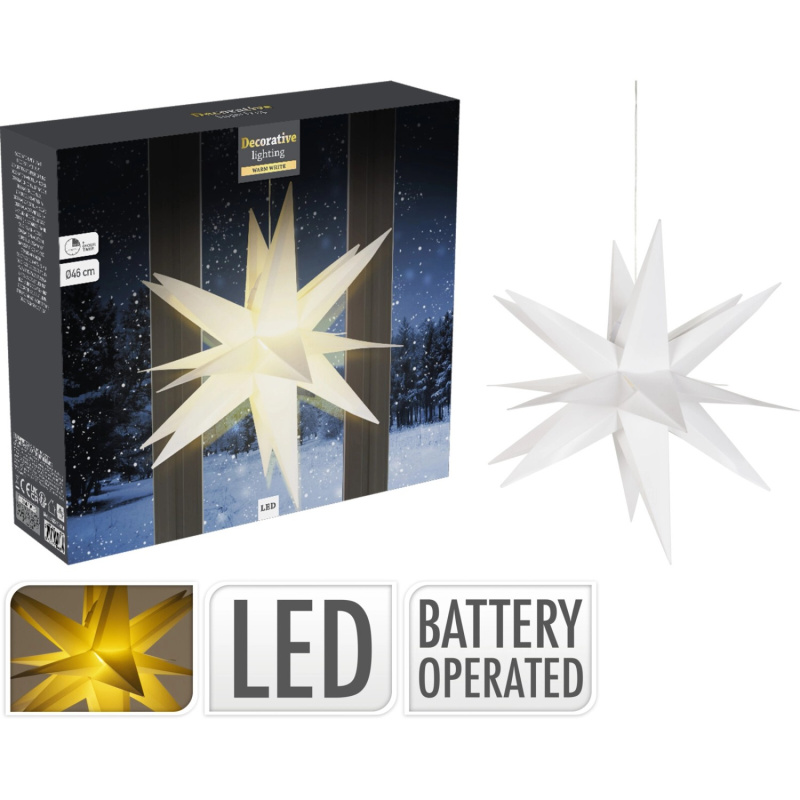 Dekorativní světelná LED hvězda, bílá, pr. 30 cm