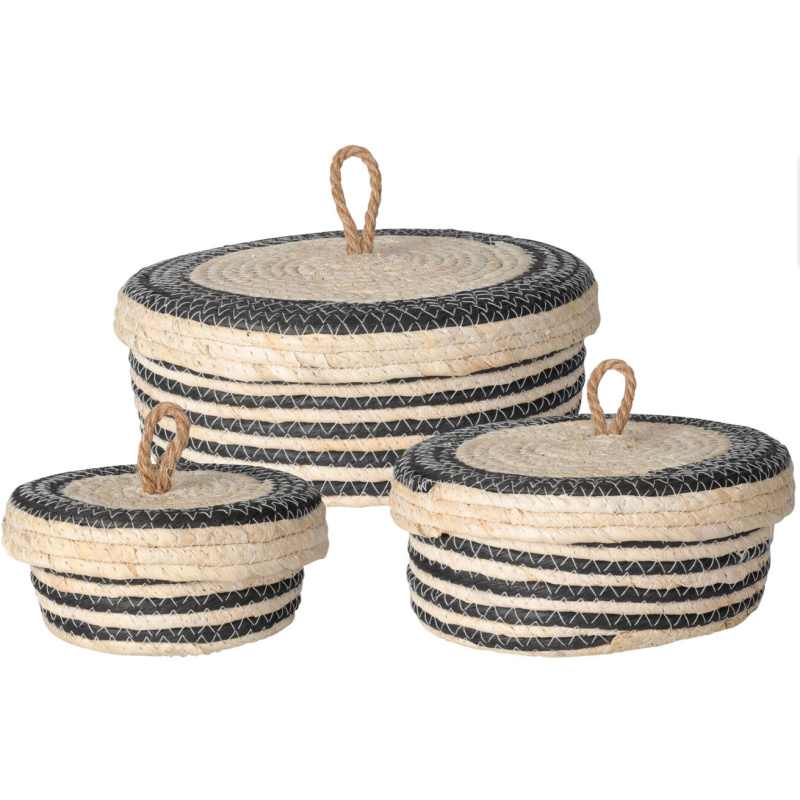 Home Styling Collection Úložné slaměné koše s víkem, 3 kusy v sadě, antracitová barva béžová