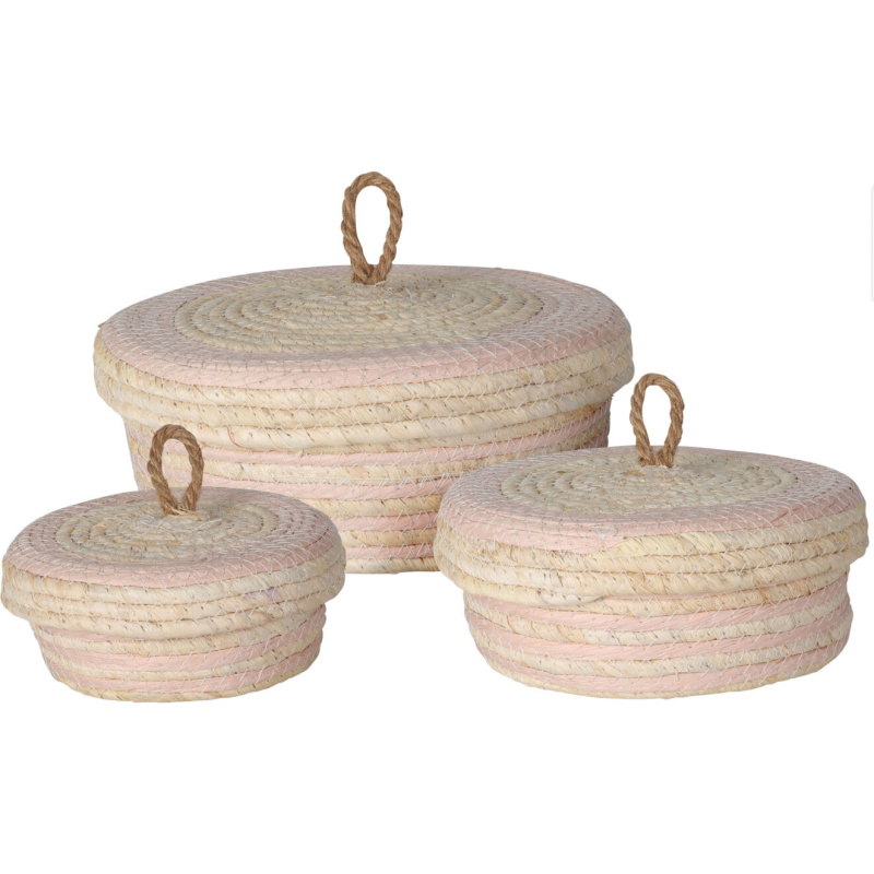 Home Styling Collection Úložné slaměné koše s víkem, 3 kusy v sadě, růžová barva béžová