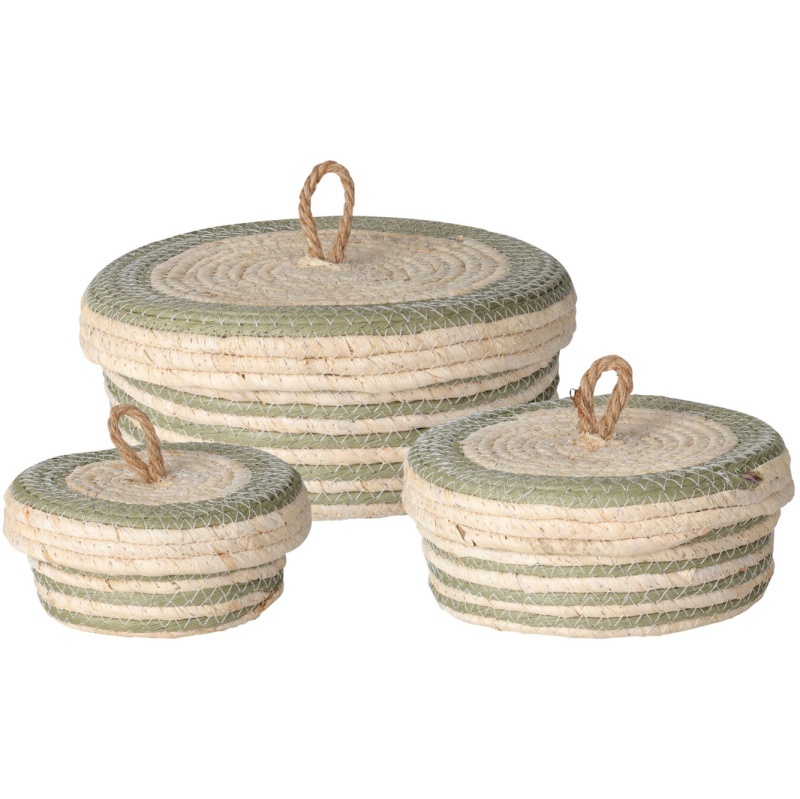 Home Styling Collection Úložné slaměné koše s víkem, 3 kusy v sadě, zelená barva béžová