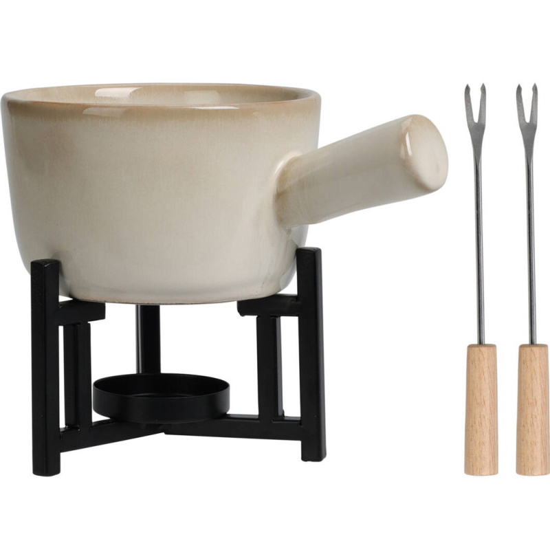 Home Styling Collection Sada na sýrové fondue, porcelánový hrnec, 2 vidličky béžová