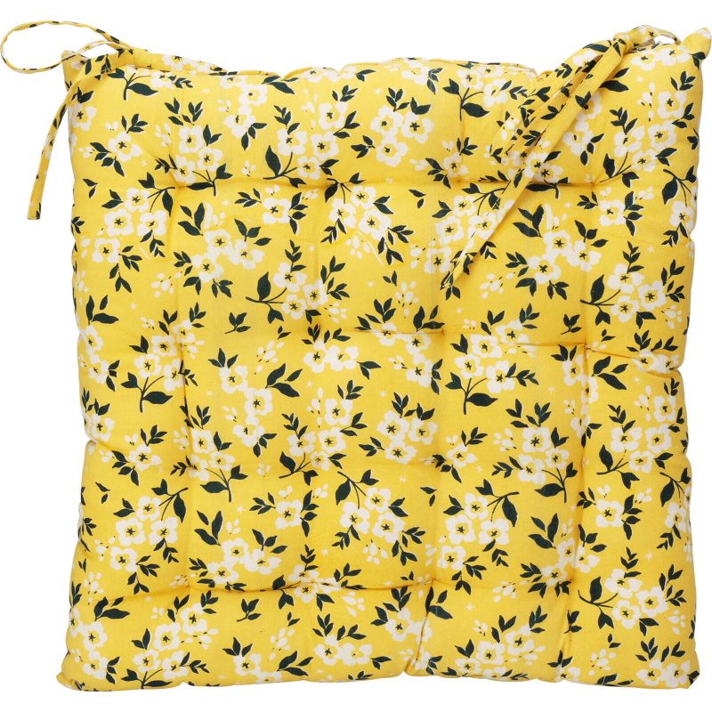 Home Styling Collection Sedací polštář, bílé květiny na žlutém pozadí, bavlna, 40 x 40 cm žlutá