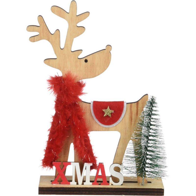 Vánoční dekorace dřevěný sob se šálou, 4 druhy, 11 x 16 cm