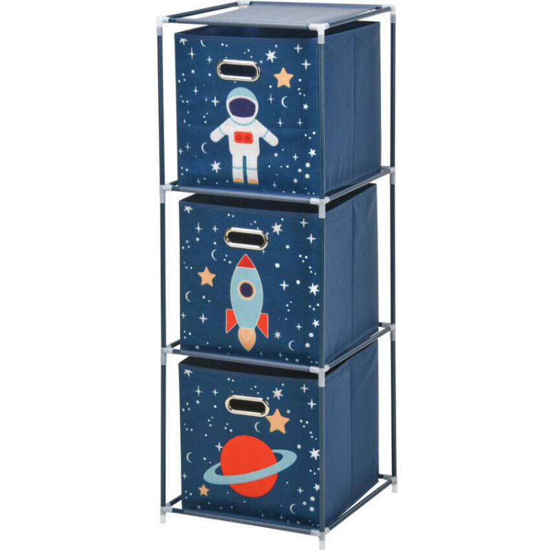 Storagesolutions Regál na knihy s úložnými boxy na hračky - vesmirná mise, 35 x 35 x 102 cm tmavě modrý