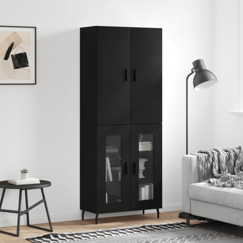 Skříň Highboard Černá 69,5 X 34 X 180 Cm Kompozitní Dřevo - Bílá / 1 prosklená dvířka 3 zásuvky