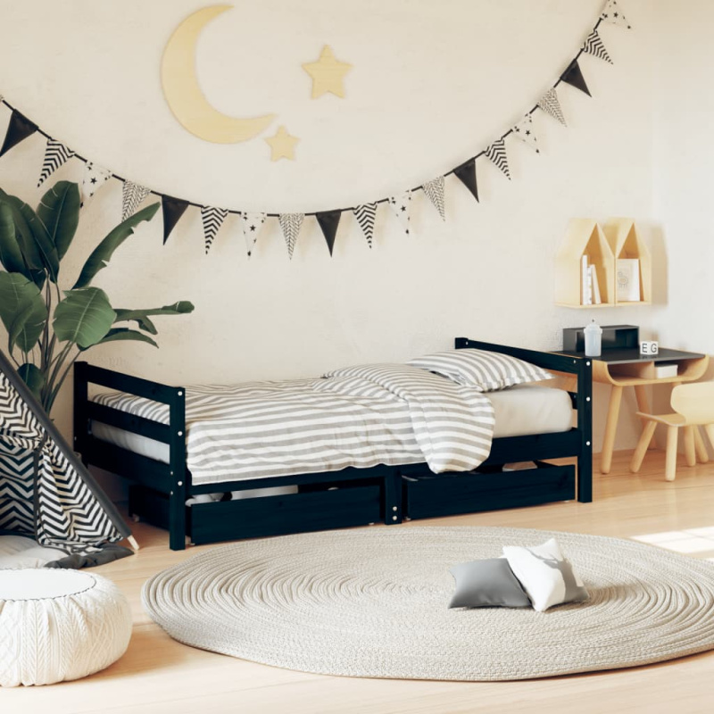 Dětská Postel Se Zásuvkami Černá Masivní Borové Dřevo - Černá / 80 x 200 cm