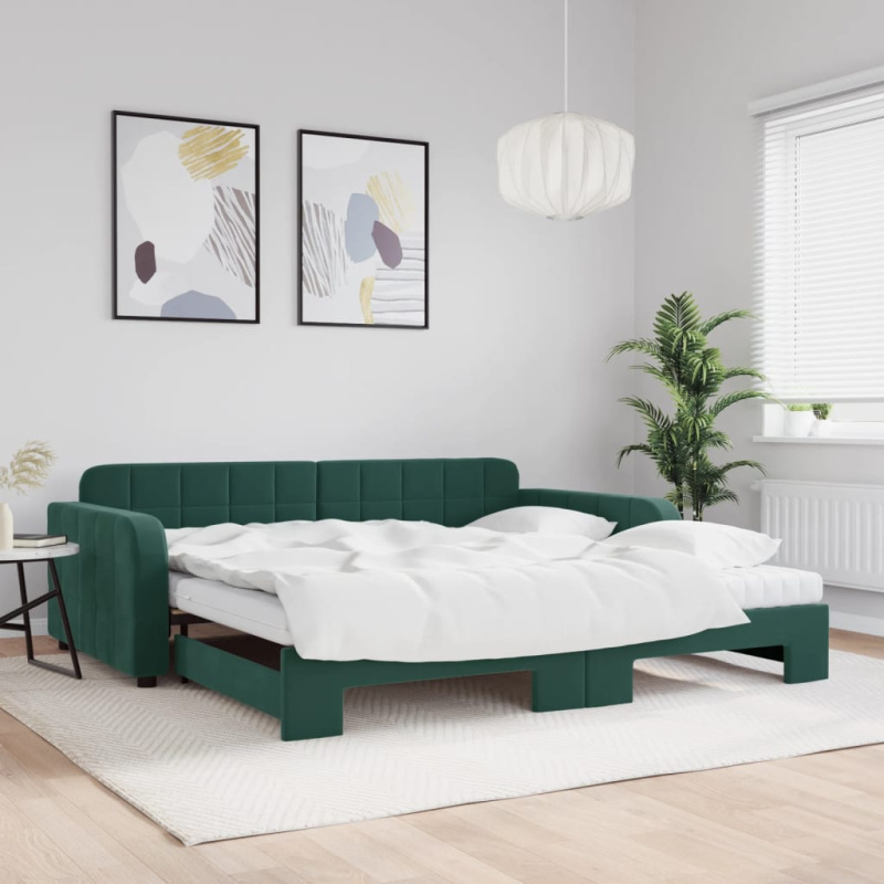 Válenda S Přistýlkou A Matracemi Samet Tmavě Zelená - s přistýlkou a zásuvkou a matrací / 100 x 200 cm