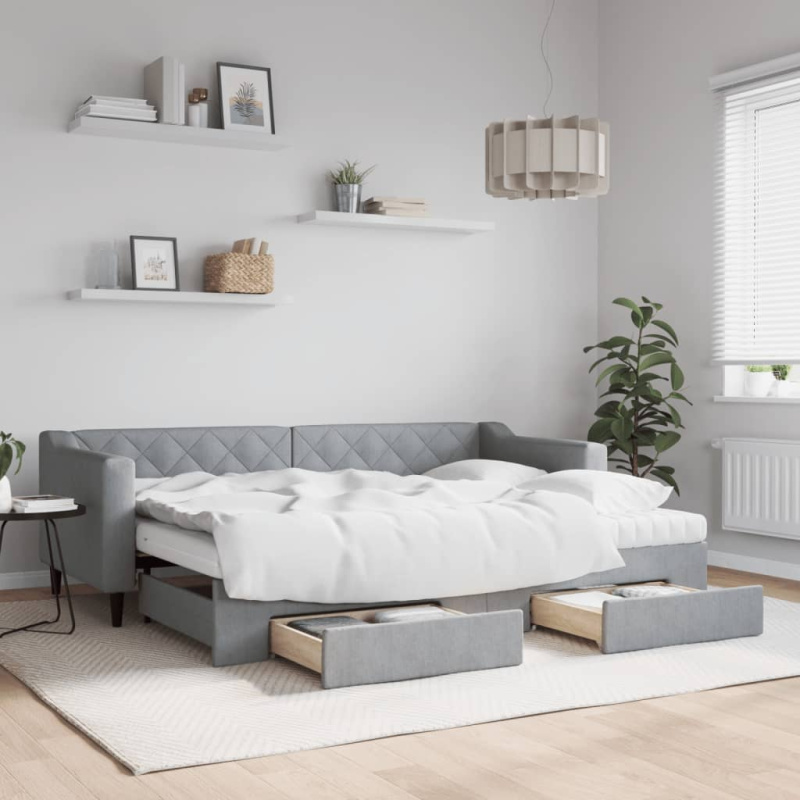 Válenda S Přistýlkou A Zásuvkami Textil Světle Šedá - s přistýlkou a matrací / 100 x 200 cm